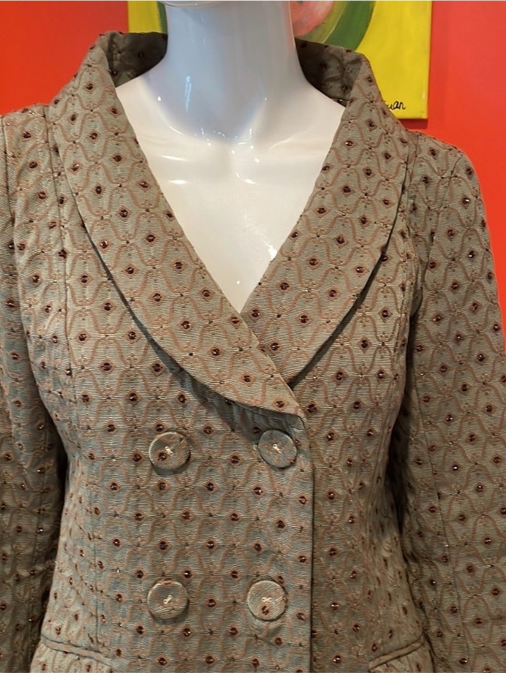 Dalia ~ Tapestry ~ Double Breasted ~ Pea Coat ~ Olive w/ Purple Satin Lining - Picture 4 of 10